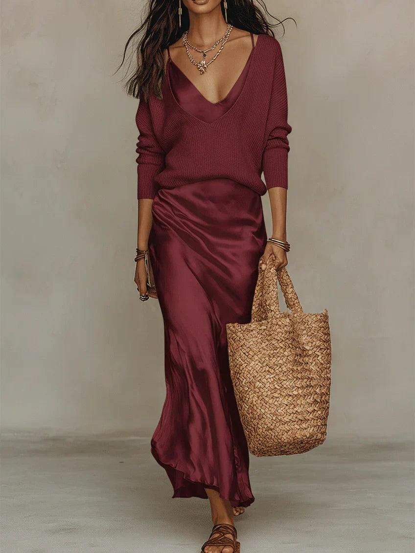 Elena - Abito Midi Satinato con Maglione Incluso - Nero