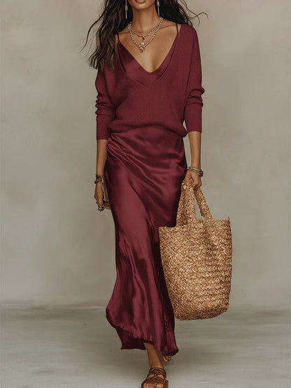Elena - Abito Midi Satinato con Maglione Incluso - Nero