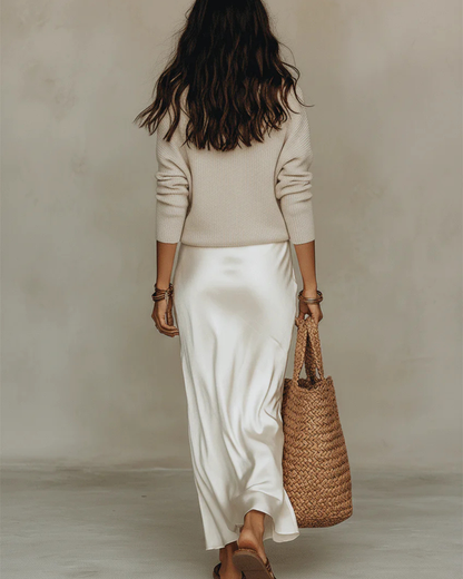 Elena - Abito Midi Satinato con Maglione Incluso - Bianco