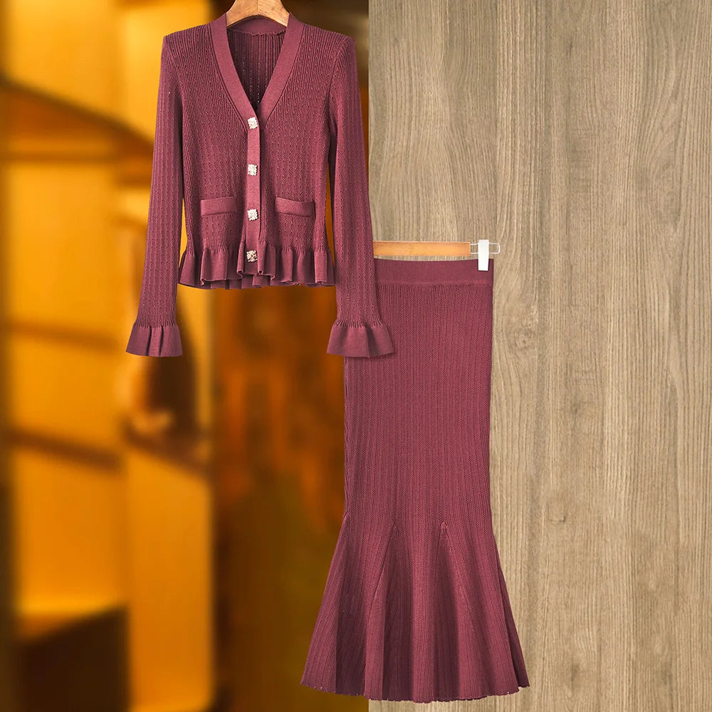 Flor Conjunto Cárdigan con Botones y Falda Midi