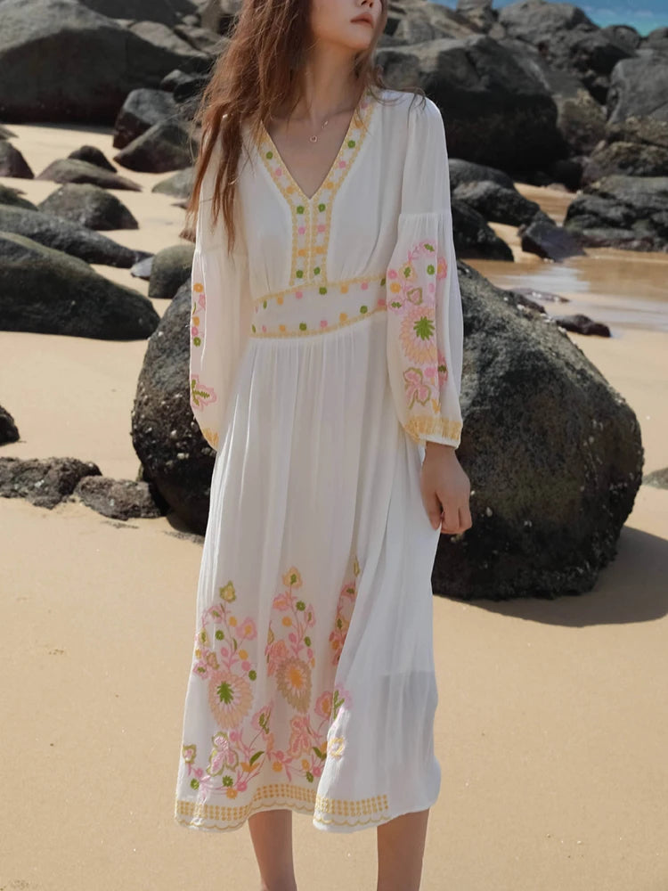 Gala Vestido Boho Bordado Blanco Roto