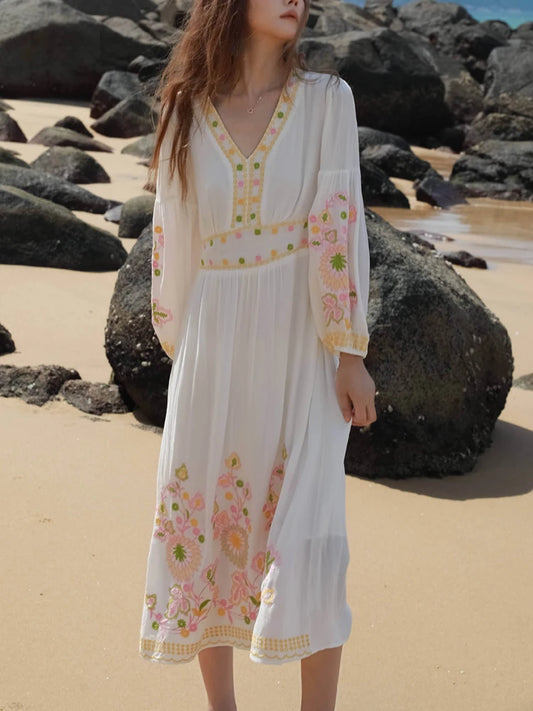 Gala Vestido Boho Bordado Blanco Roto
