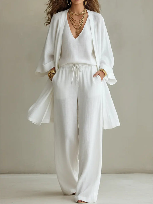 Isabelle - Completo Homewear 3 Pezzi in Lino - Bianco